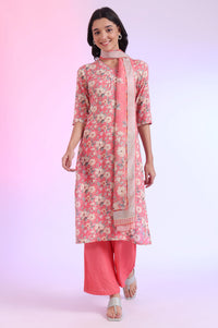 Pink Printed Straight Kurta with Palazzo &amp; Dupatta Set