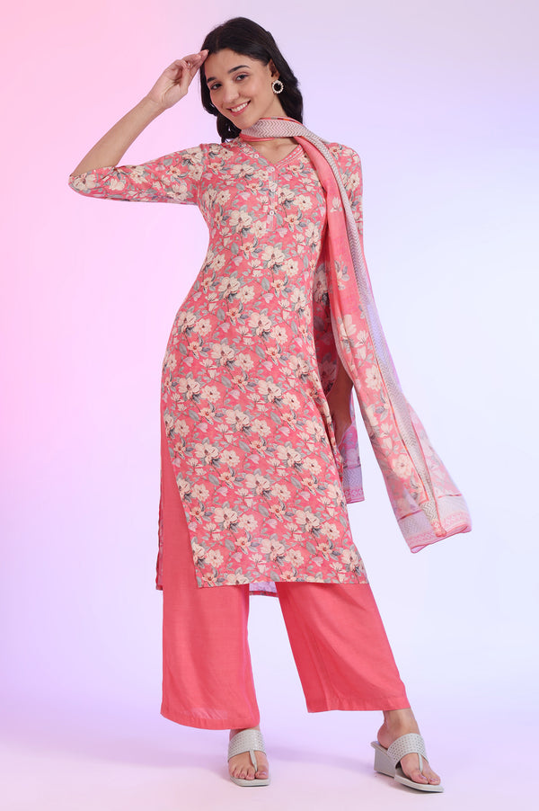 Pink Printed Straight Kurta with Palazzo & Dupatta Set