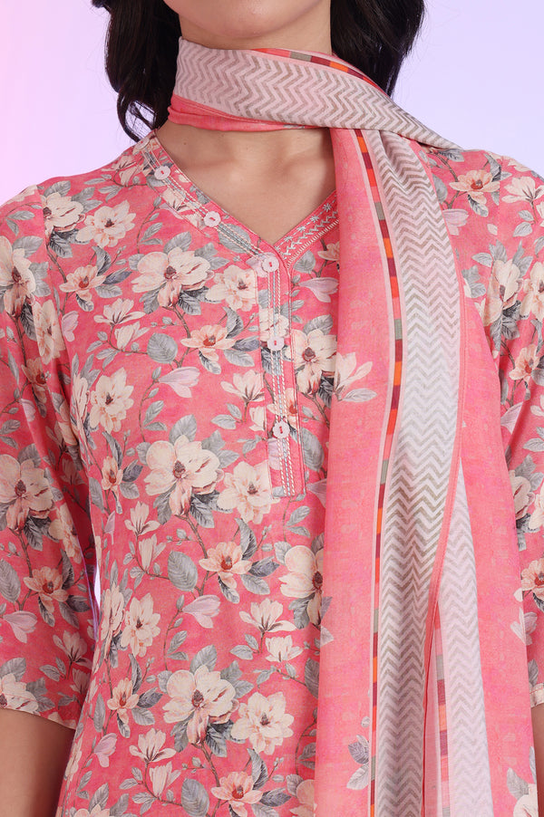 Pink Printed Straight Kurta with Palazzo & Dupatta Set
