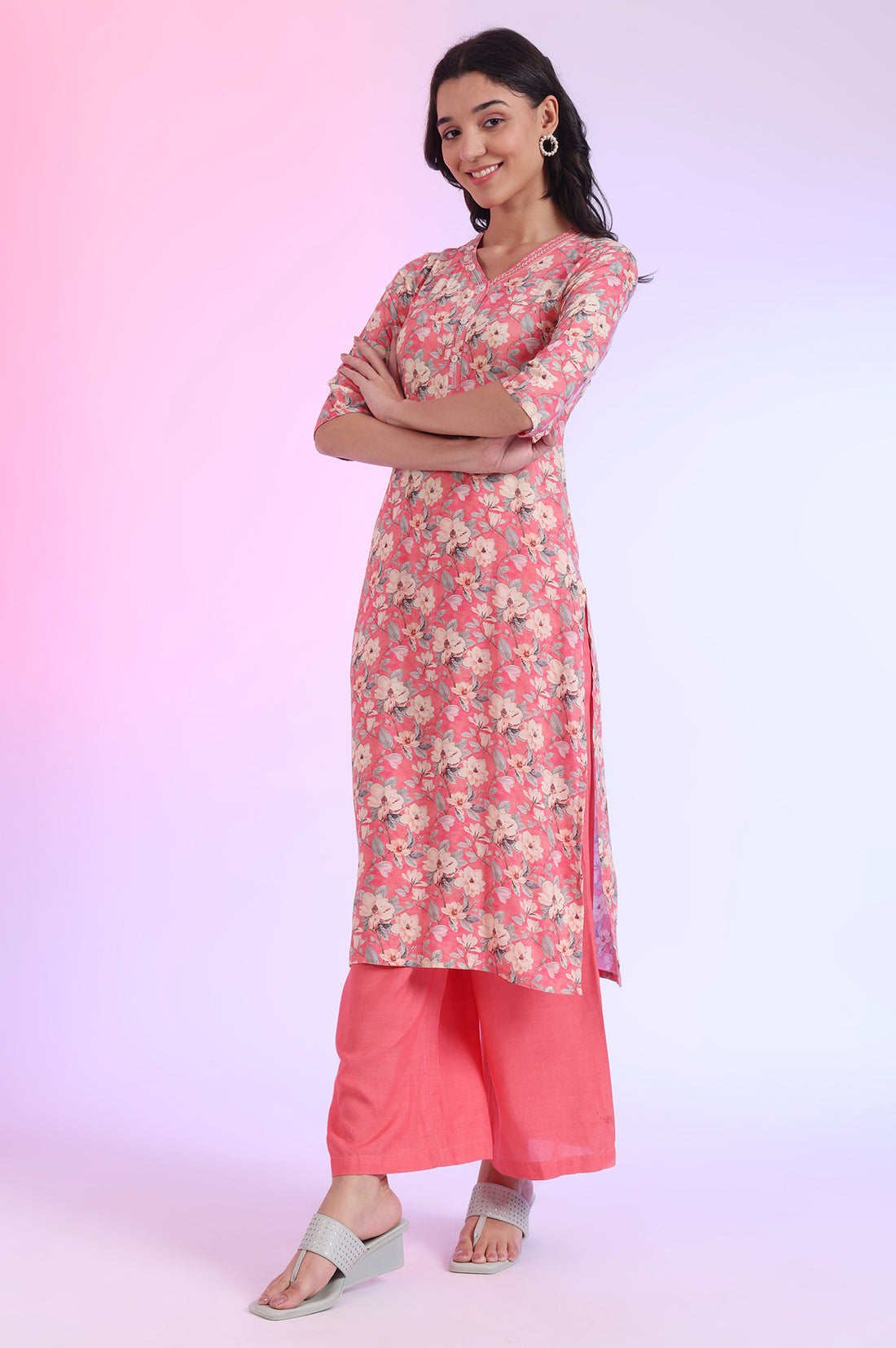 Pink Printed Straight Kurta with Palazzo &amp; Dupatta Set