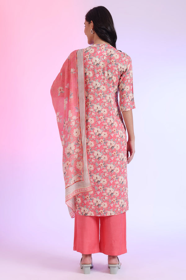 Pink Printed Straight Kurta with Palazzo & Dupatta Set