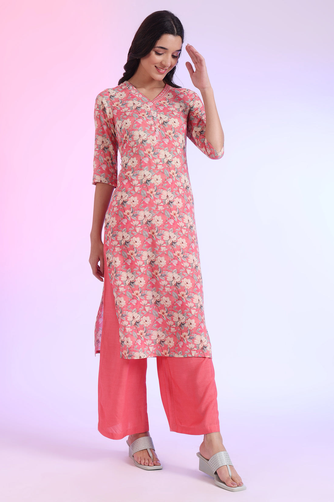 Pink Printed Straight Kurta with Palazzo &amp; Dupatta Set