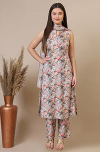 Multi-coloured Digital Floral Printed Sleeveless A-line Kurta and Palazzo Set with Dupatta