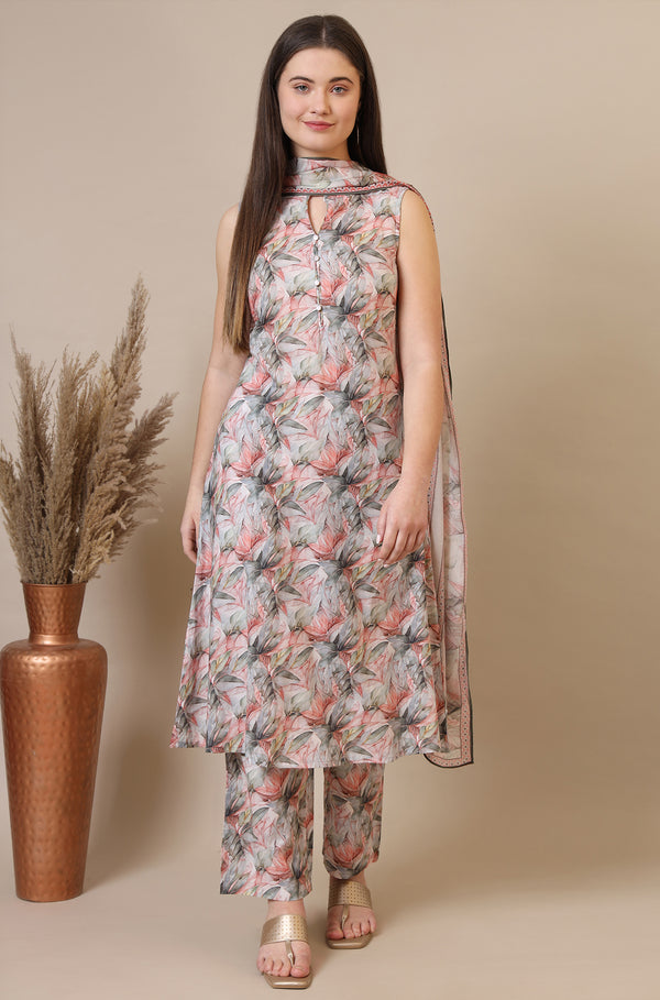 Multi-coloured Digital Floral Printed Sleeveless A-line Kurta and Palazzo Set with Dupatta