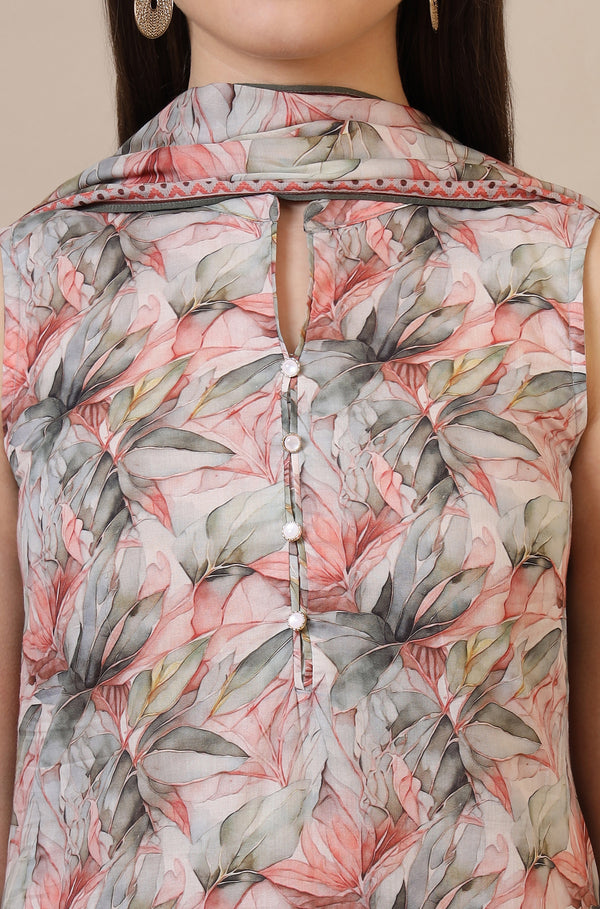 Multi-coloured Digital Floral Printed Sleeveless A-line Kurta and Palazzo Set with Dupatta