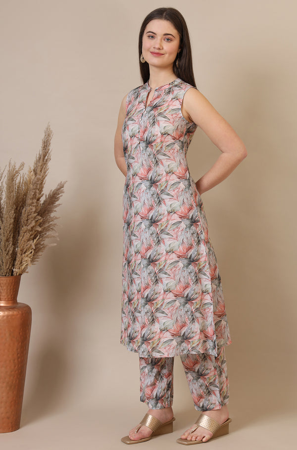 Multi-coloured Digital Floral Printed Sleeveless A-line Kurta and Palazzo Set with Dupatta
