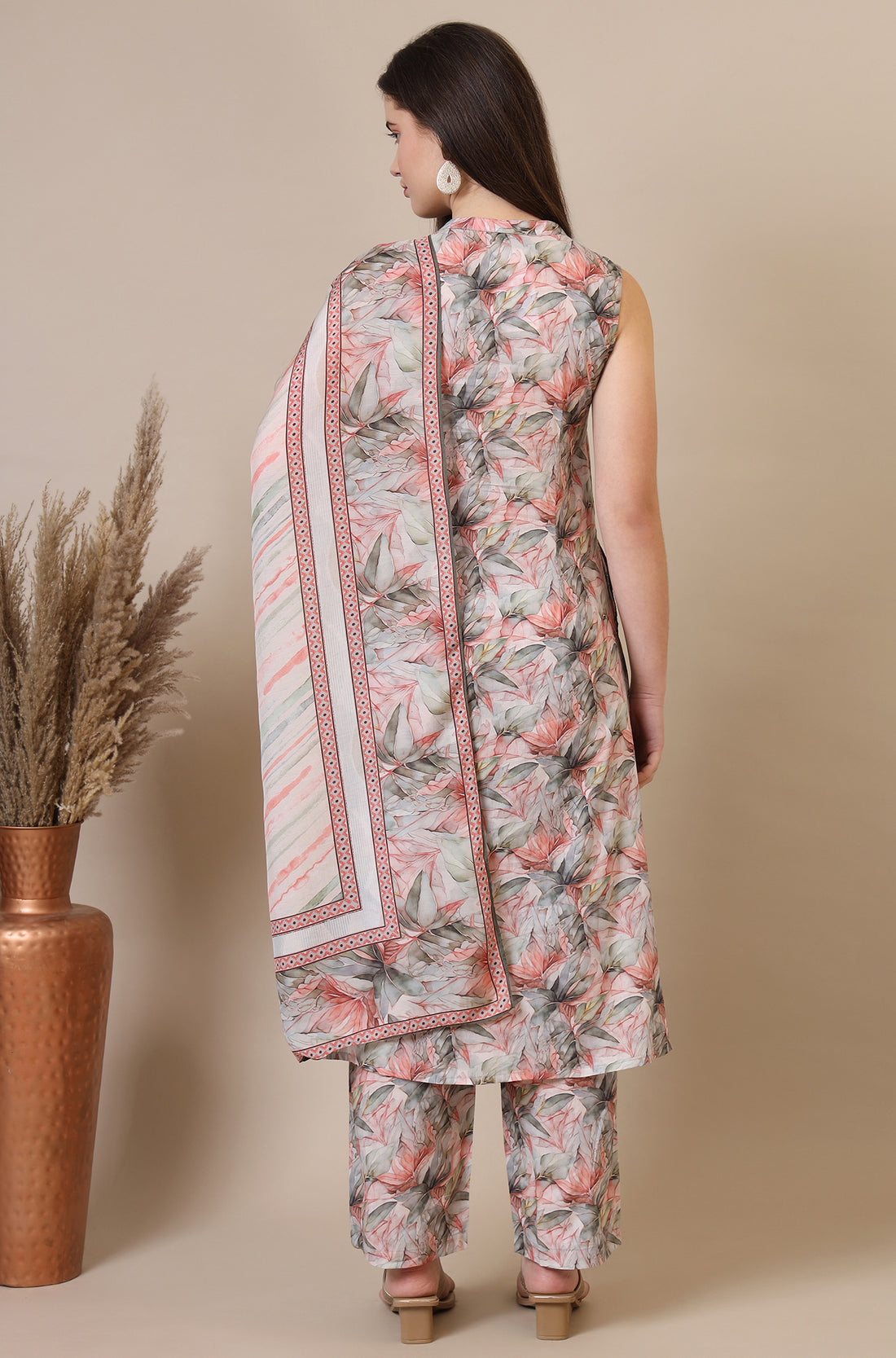 Multi-coloured Digital Floral Printed Sleeveless A-line Kurta and Palazzo Set with Dupatta