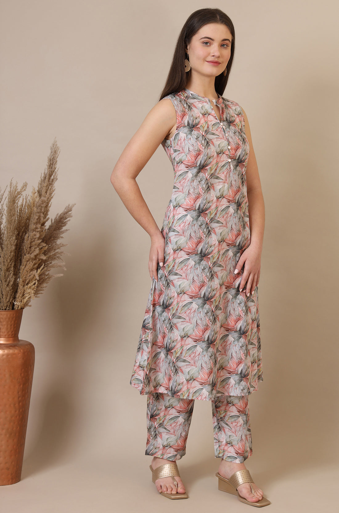 Multi-coloured Digital Floral Printed Sleeveless A-line Kurta and Palazzo Set with Dupatta