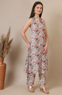 Multi-coloured Digital Floral Printed Sleeveless A-line Kurta and Palazzo Set with Dupatta