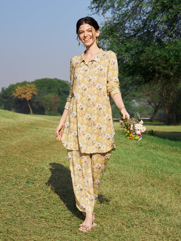 Yellow Floral Printed Viscose Straight Kurta & Palazzo Set