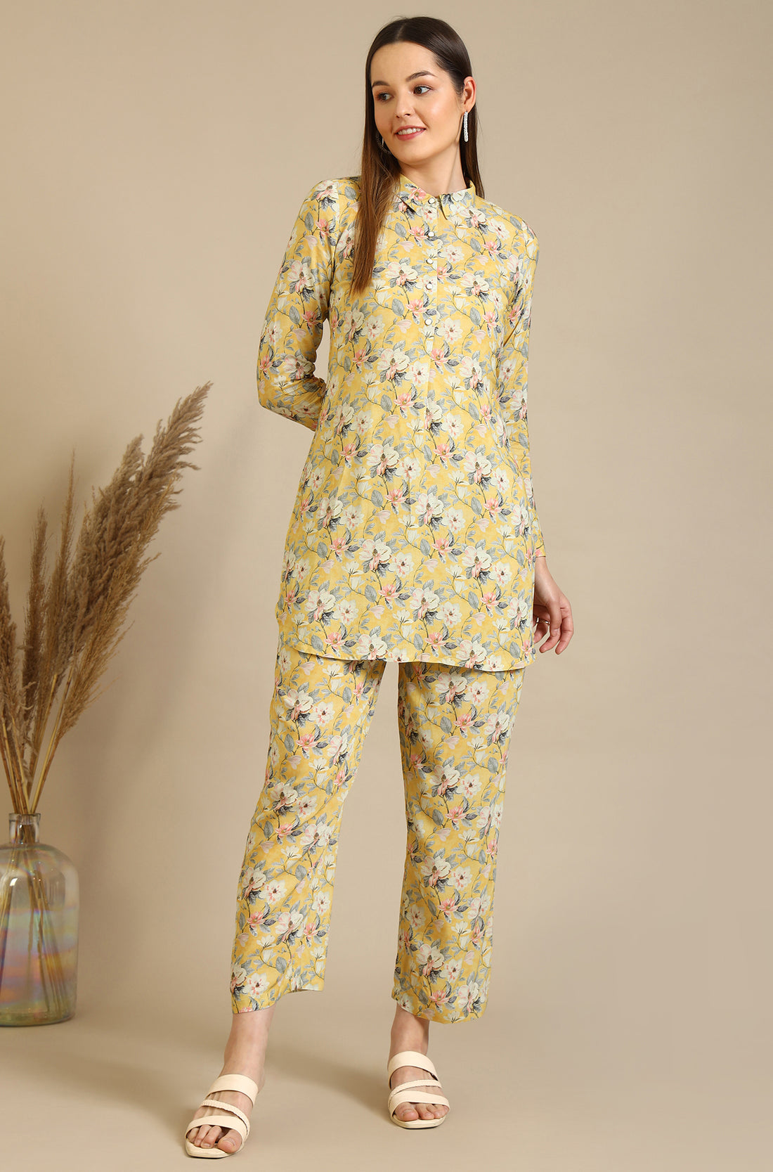 Yellow Floral Printed Viscose Straight Kurta &amp; Palazzo Set