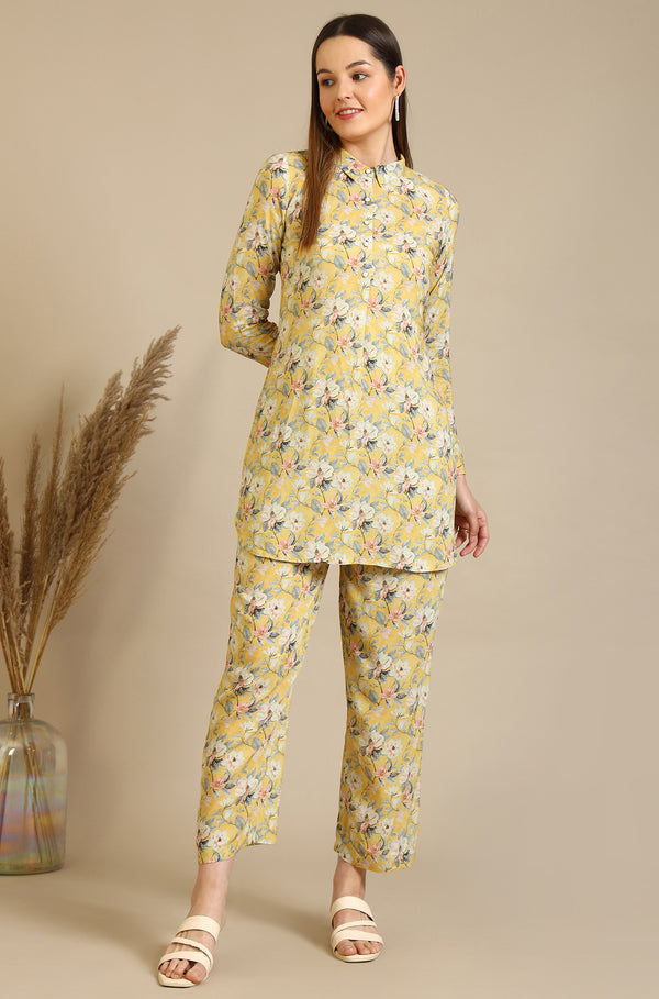 Yellow Floral Printed Viscose Straight Kurta & Palazzo Set