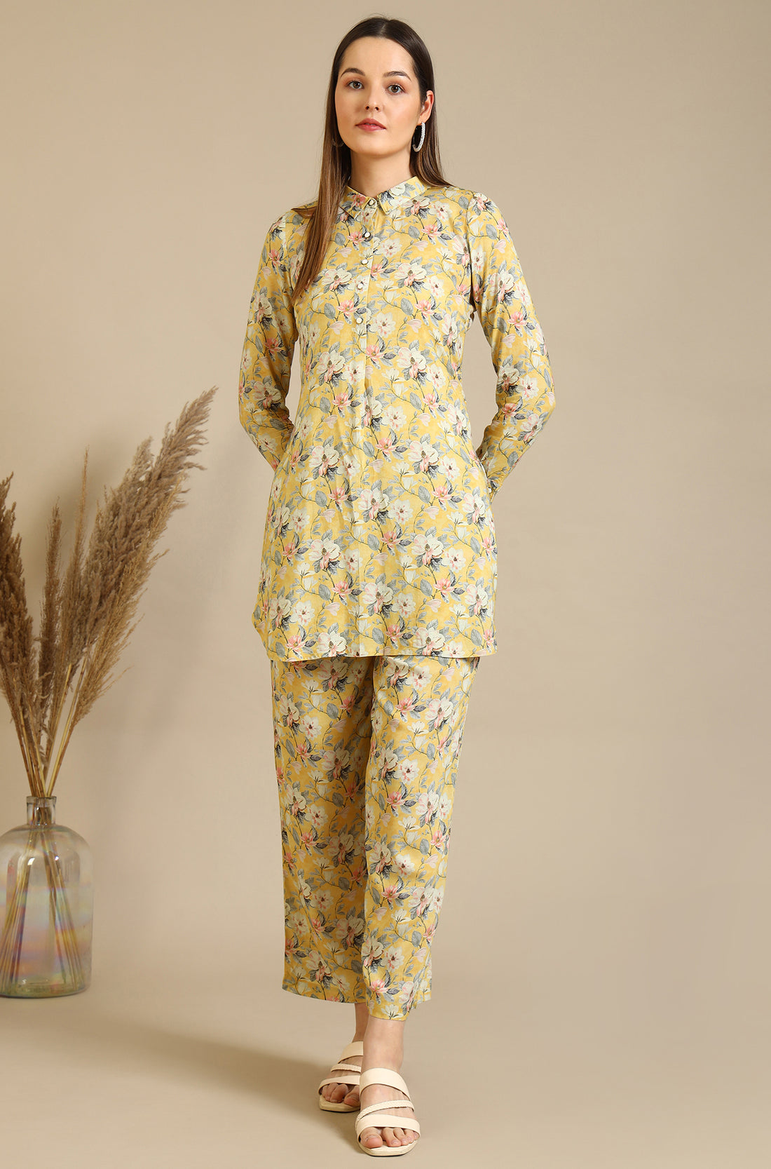 Yellow Floral Printed Viscose Straight Kurta &amp; Palazzo Set