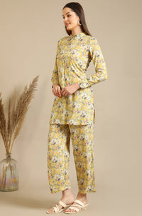 Yellow Floral Printed Viscose Straight Kurta &amp; Palazzo Set