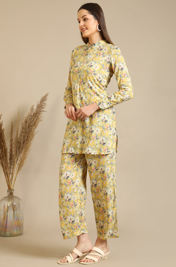 Yellow Floral Printed Viscose Straight Kurta & Palazzo Set