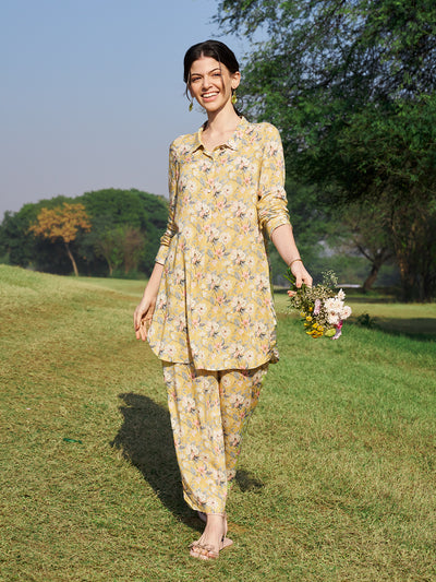 Yellow Floral Printed Viscose Straight Kurta & Palazzo Set