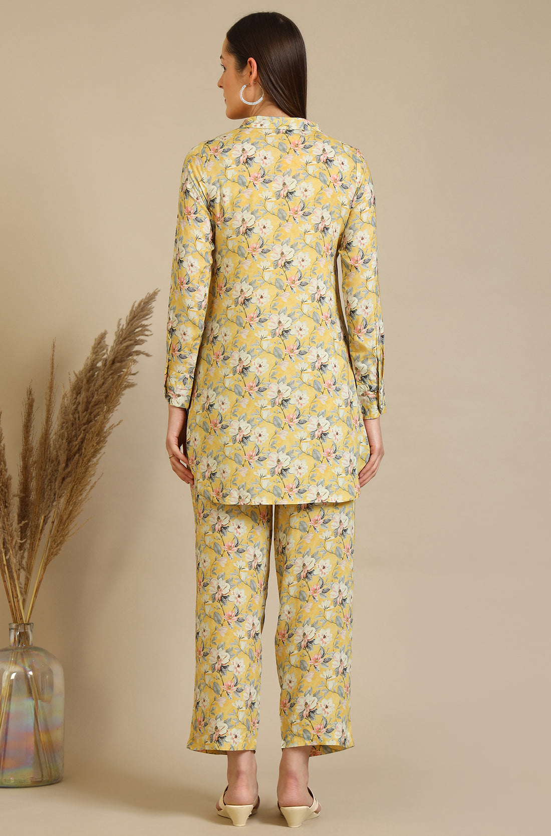 Yellow Floral Printed Viscose Straight Kurta &amp; Palazzo Set