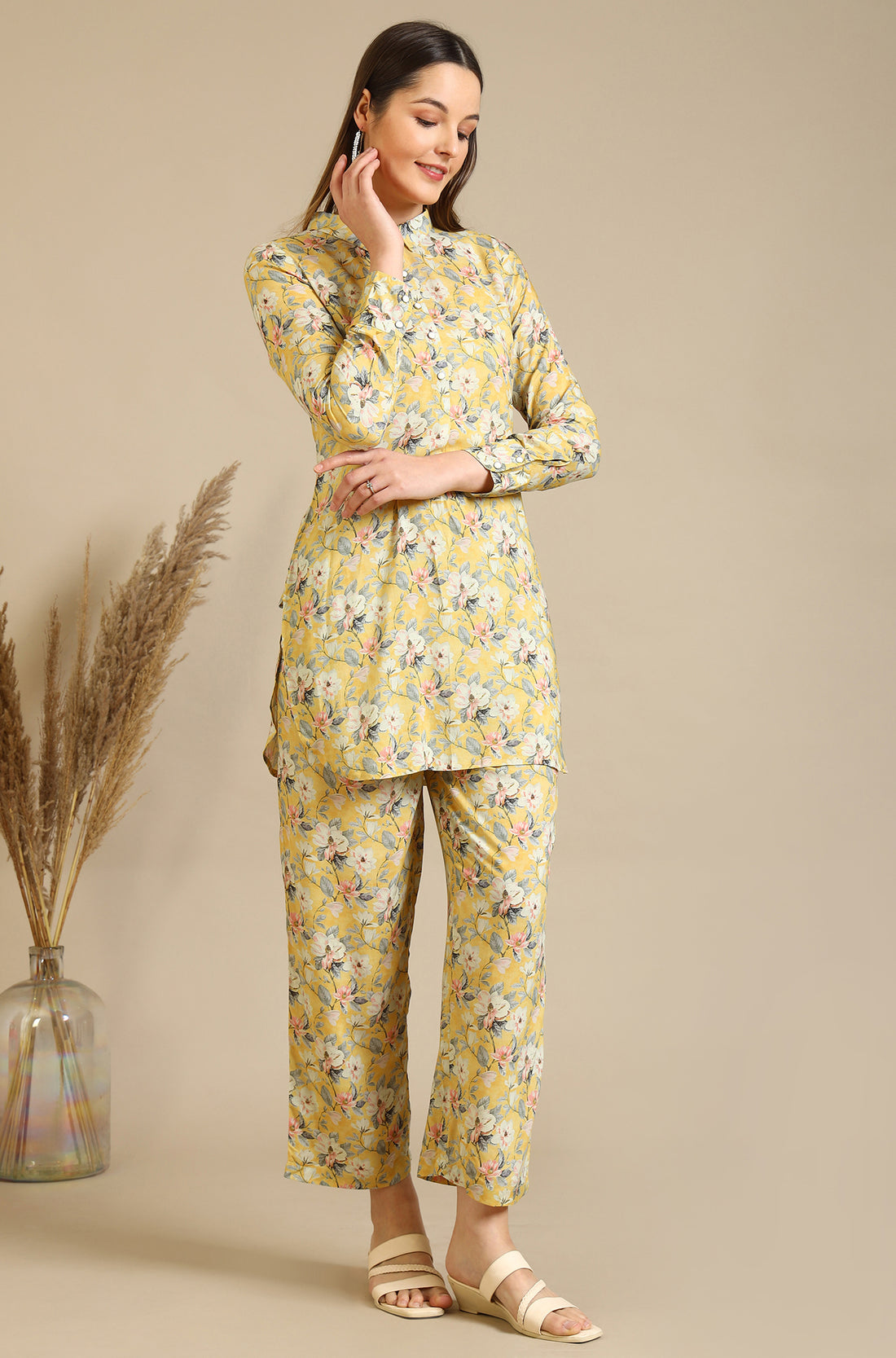 Yellow Floral Printed Viscose Straight Kurta &amp; Palazzo Set