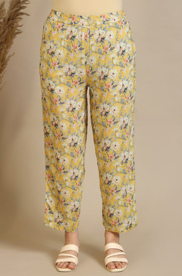 Yellow Floral Printed Viscose Straight Kurta & Palazzo Set