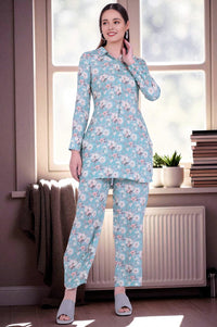 Blue Printed Straight Kurta with Palazzo &amp; Dupatta Set