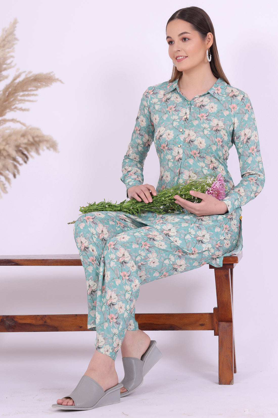 Blue Printed Straight Kurta with Palazzo &amp; Dupatta Set