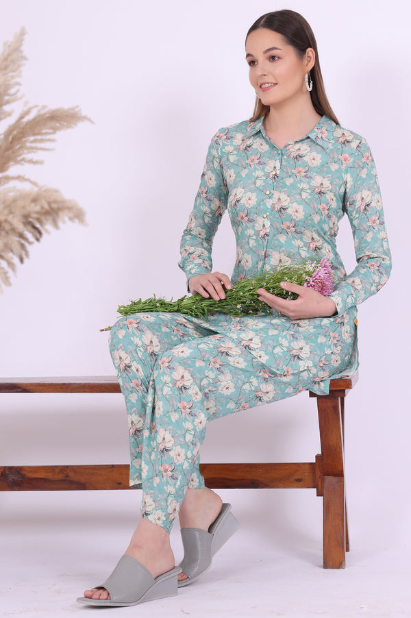 Blue Printed Straight Kurta with Palazzo & Dupatta Set