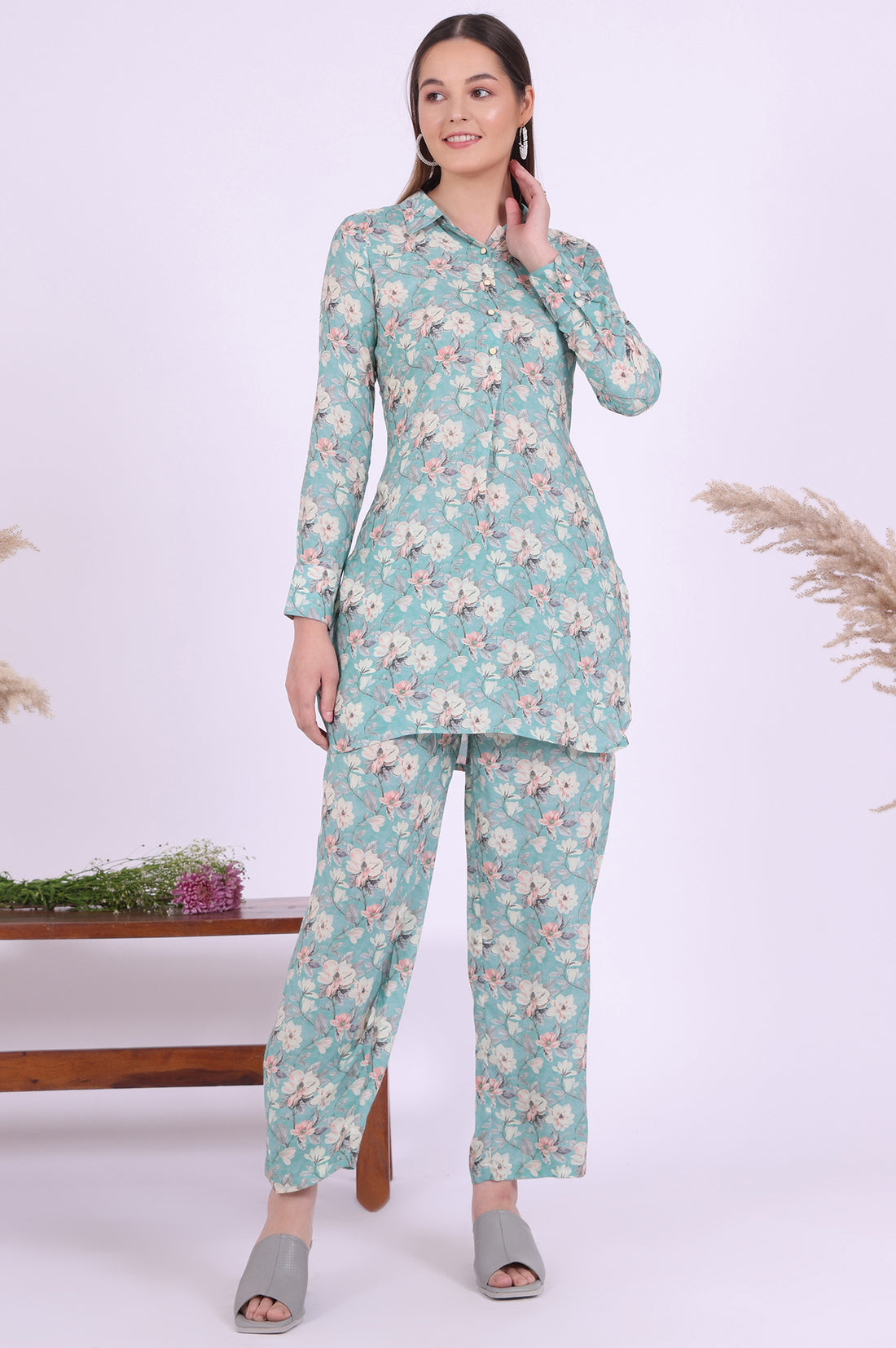 Blue Printed Straight Kurta with Palazzo &amp; Dupatta Set