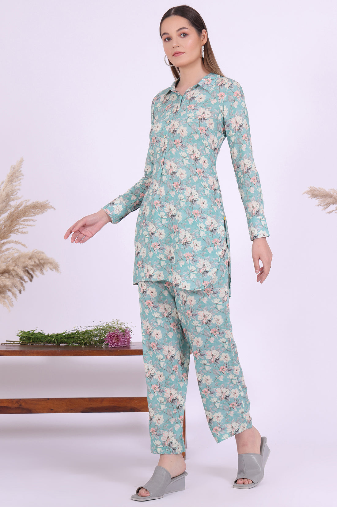 Blue Printed Straight Kurta with Palazzo &amp; Dupatta Set
