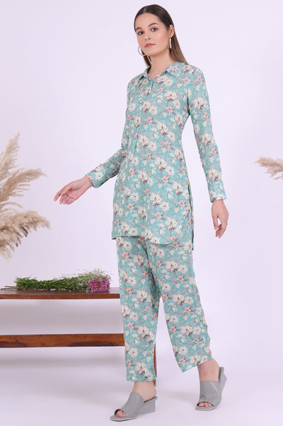 Blue Printed Straight Kurta with Palazzo & Dupatta Set