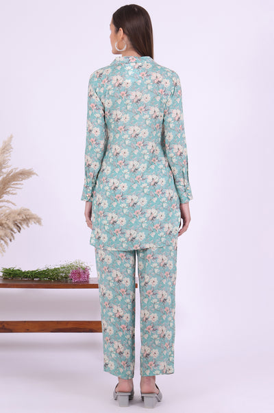 Blue Printed Straight Kurta with Palazzo & Dupatta Set