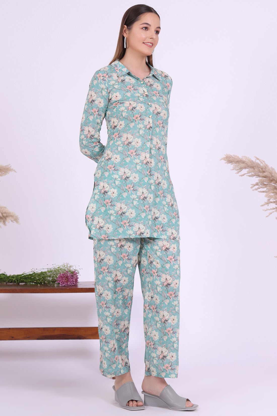 Blue Printed Straight Kurta with Palazzo &amp; Dupatta Set