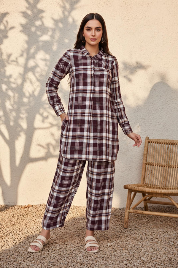 Maroon Checker Straight Rayon Kurta with Palazzo Co-ord Set