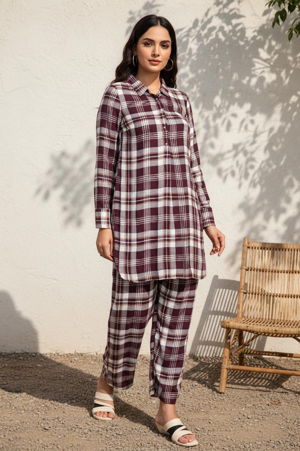 Maroon Checker Straight Rayon Kurta with Palazzo Co-ord Set