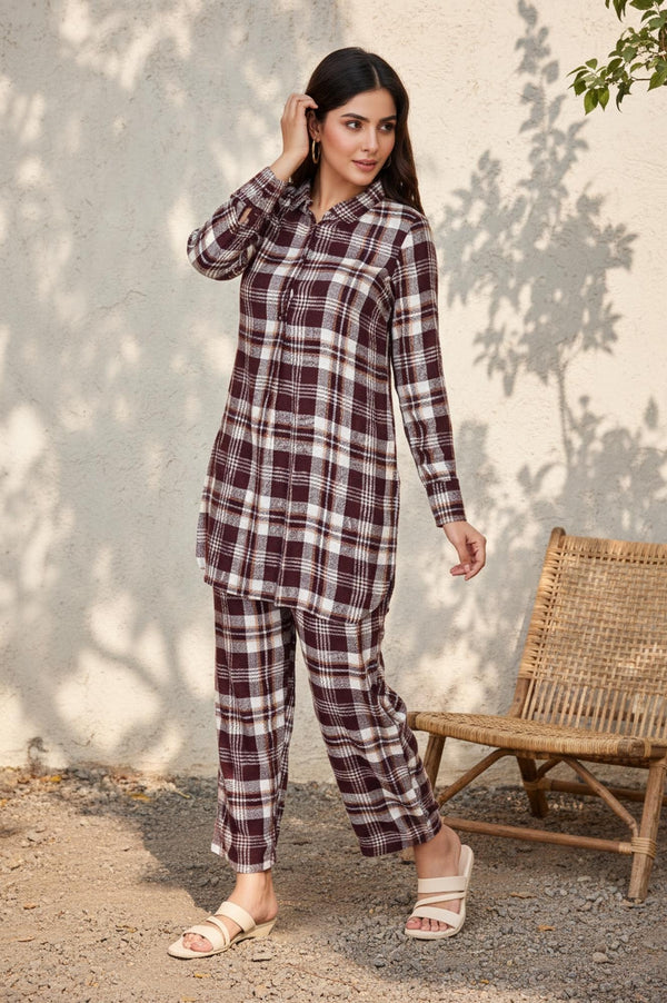 Maroon Checker Straight Rayon Kurta with Palazzo Co-ord Set