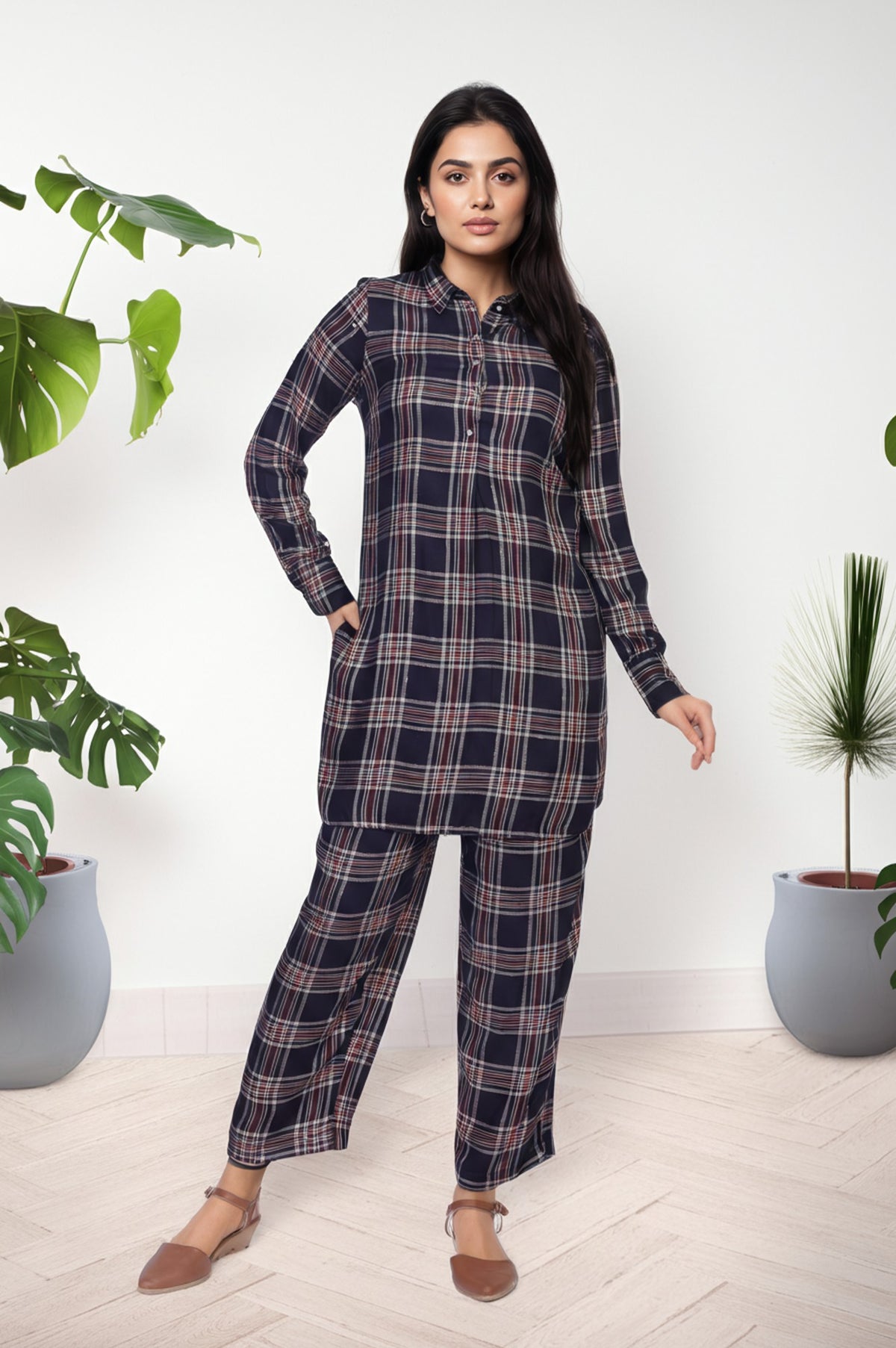 Navy Blue Checkered Straight Rayon Kurta with Palazzo Co-ord Set - XS