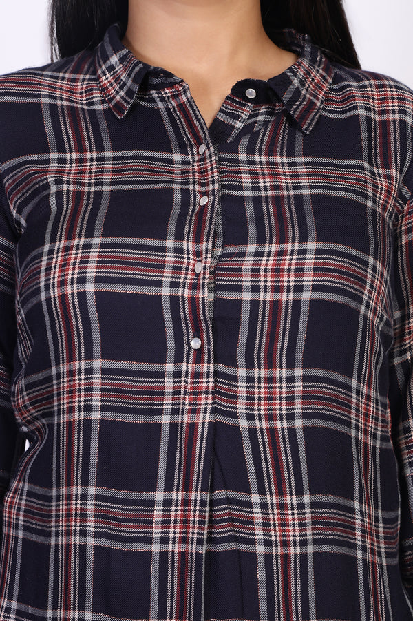 Navy Blue Checkered Straight Rayon Kurta with Palazzo Co-ord Set
