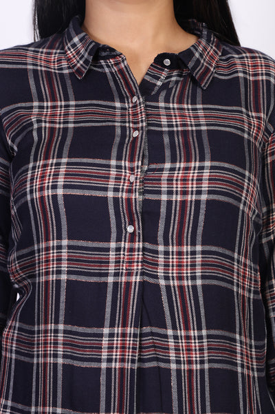 Navy Blue Checkered Straight Rayon Kurta with Palazzo Co-ord Set