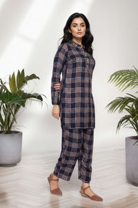 Navy Blue Checkered Straight Rayon Kurta with Palazzo Co-ord Set