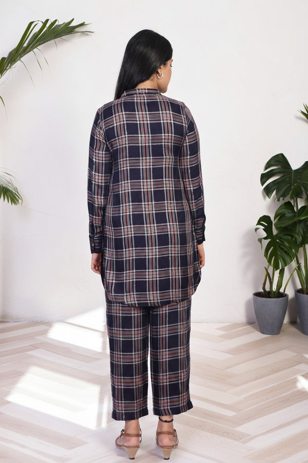 Navy Blue Checkered Straight Rayon Kurta with Palazzo Co-ord Set