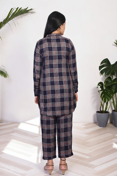 Navy Blue Checkered Straight Rayon Kurta with Palazzo Co-ord Set