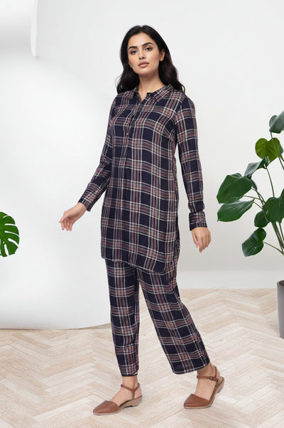 Navy Blue Checkered Straight Rayon Kurta with Palazzo Co-ord Set