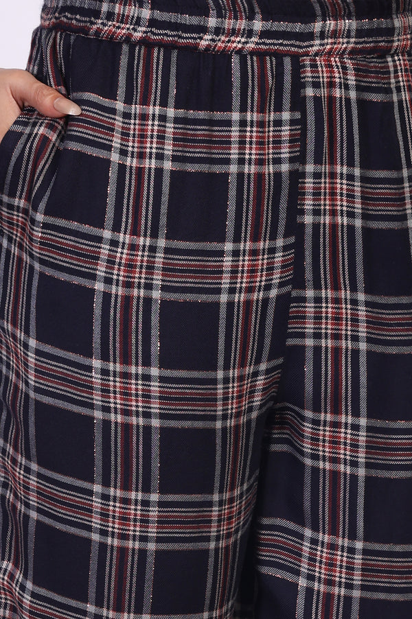 Navy Blue Checkered Straight Rayon Kurta with Palazzo Co-ord Set