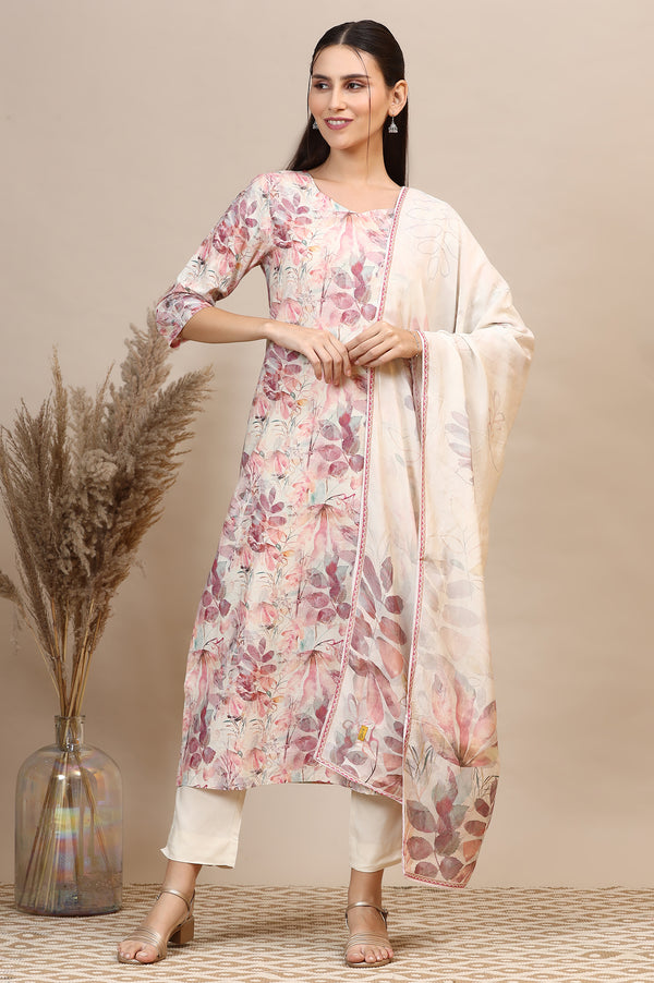 Dusty Pink Floral Printed Cotton Shimmer Straight Kurta, Trousers and Dupatta Set