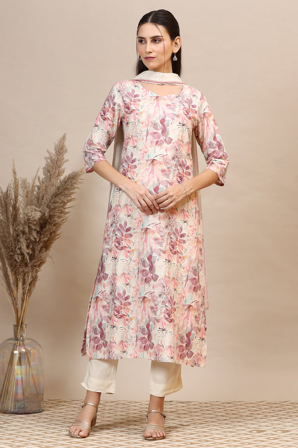 Dusty Pink Floral Printed Cotton Shimmer Straight Kurta, Trousers and Dupatta Set