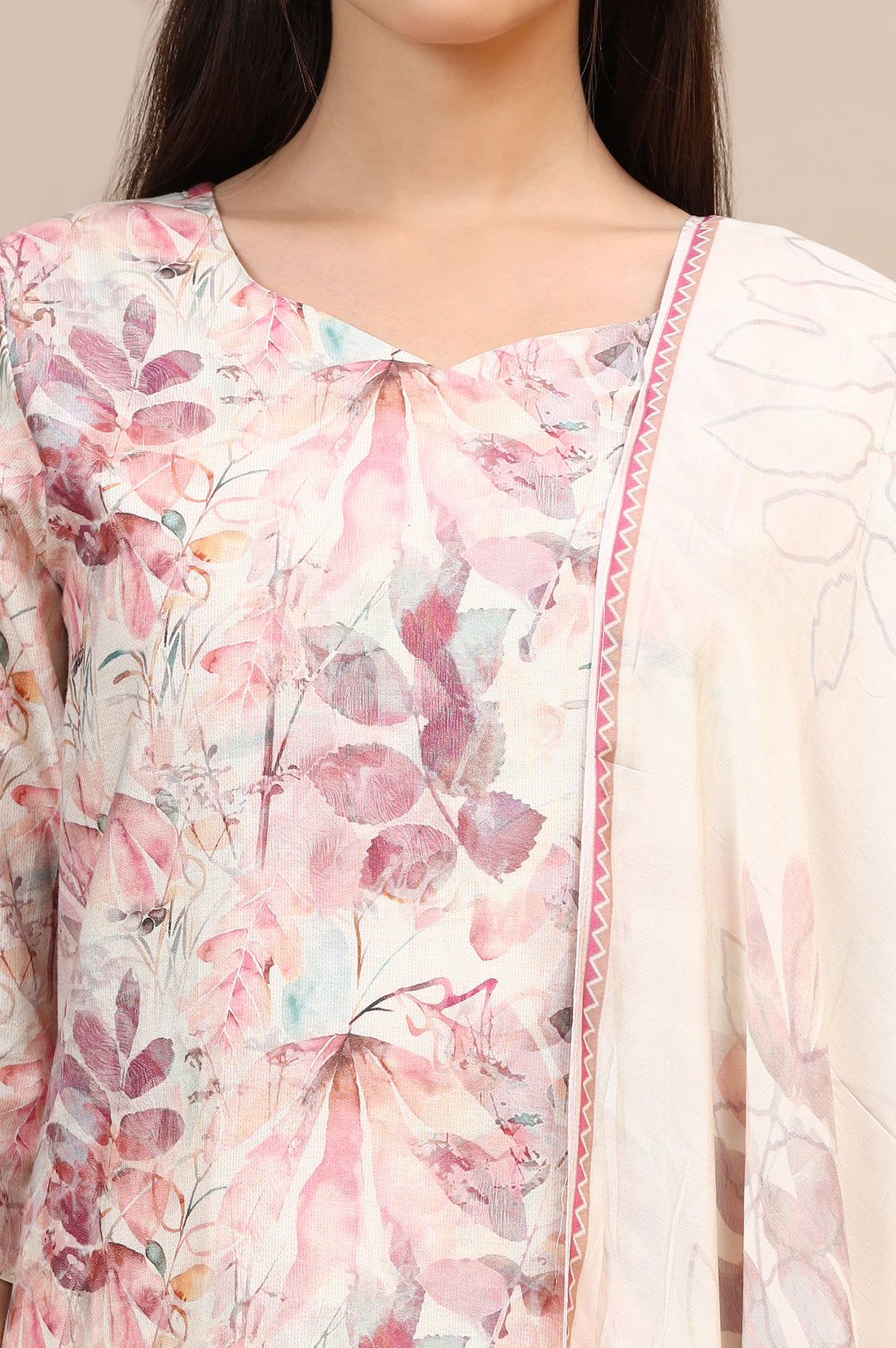 Dusty Pink Floral Printed Cotton Shimmer Straight Kurta, Trousers and Dupatta Set