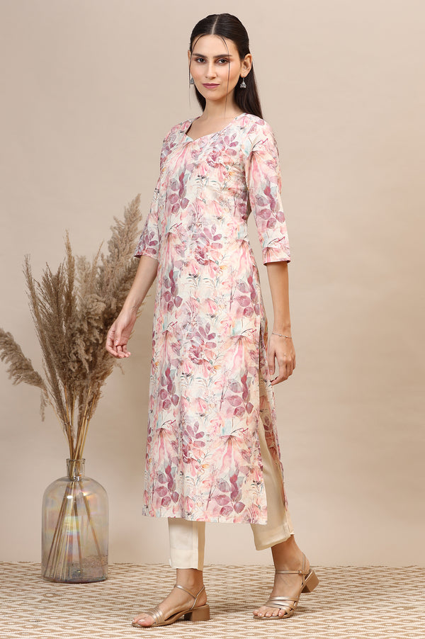 Dusty Pink Floral Printed Cotton Shimmer Straight Kurta, Trousers and Dupatta Set