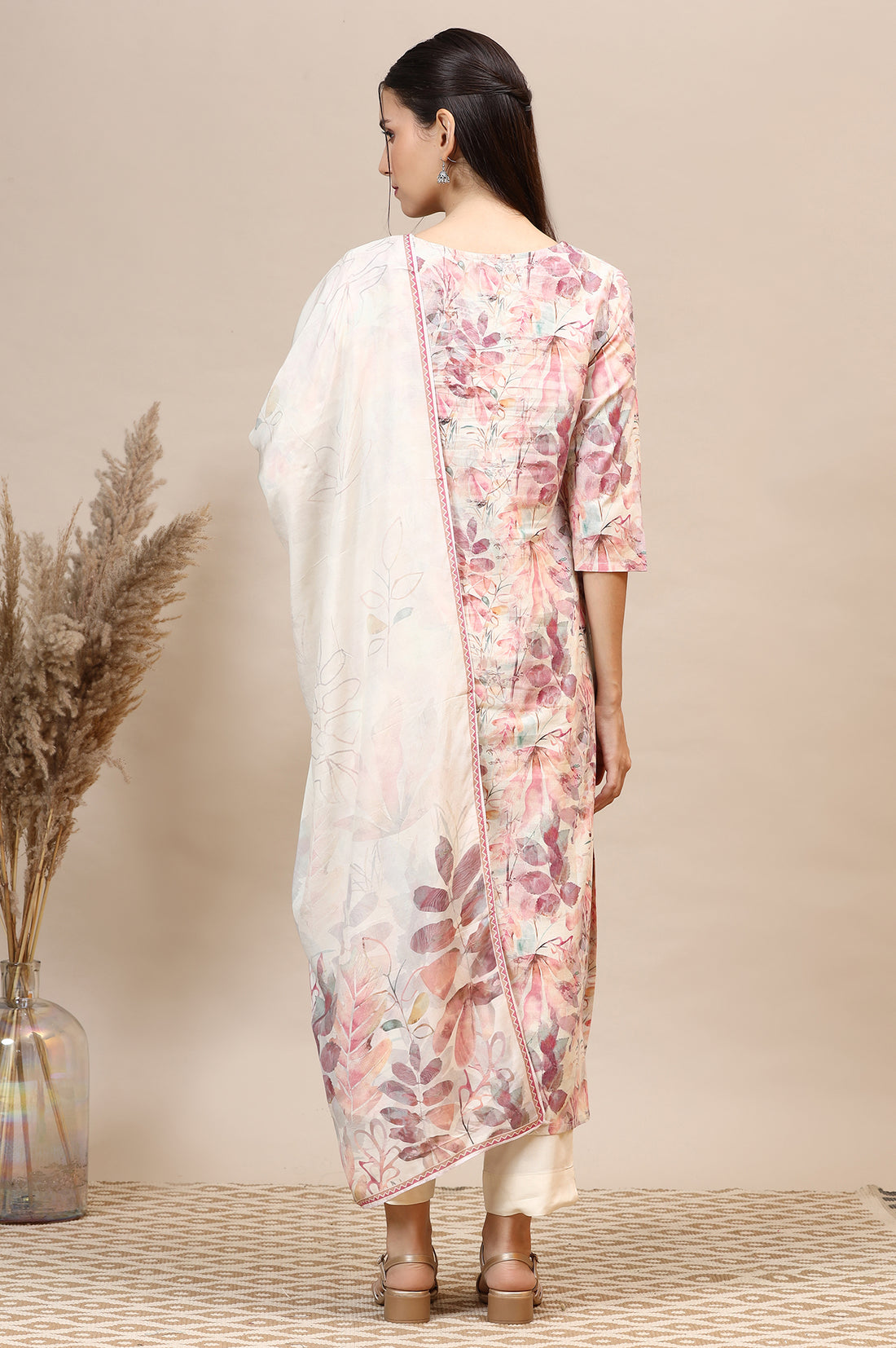 Dusty Pink Floral Printed Cotton Shimmer Straight Kurta, Trousers and Dupatta Set