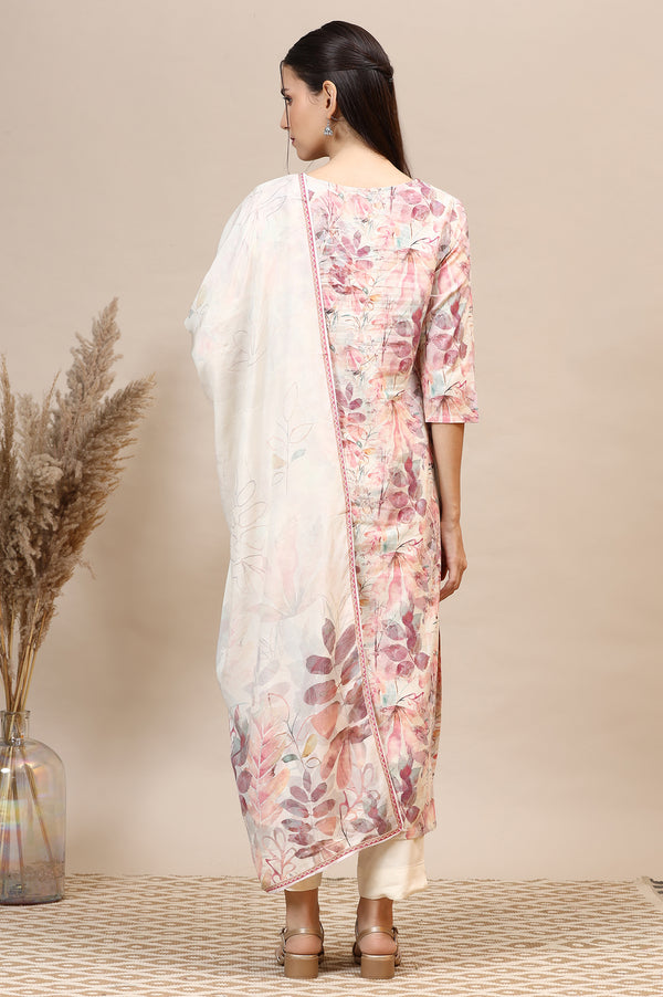 Dusty Pink Floral Printed Cotton Shimmer Straight Kurta, Trousers and Dupatta Set