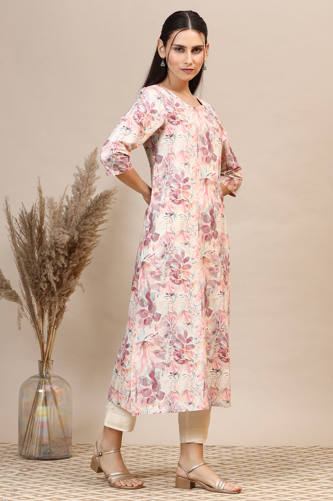 Dusty Pink Floral Printed Cotton Shimmer Straight Kurta, Trousers and Dupatta Set