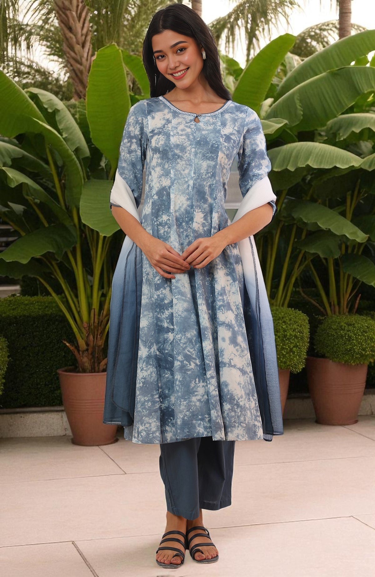 Blue Printed Flarred Kurta with Palazzo & Dupatta Set - S